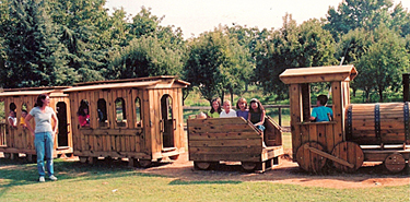 The wooden train is the  perfect place for photos at Bishop's Pumpkin Farm in Wheatland, California