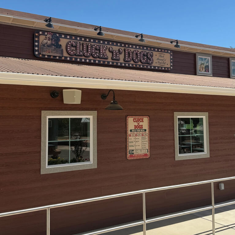 Bishop's Cluck n Dogs Chicken and Corn Dog food stand in Wheatland, California.